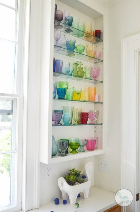 DIY rainbow glass collection Bar Cart Colorful Glasses, Rainbow Glass Collection, Colored Glass Shelf, Kitchen Glassware Display, Rainbow Glass Display, How To Display Glassware, Colored Glass Collection, Wine Glass Display Ideas, Rainbow Glassware