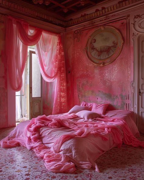 Maximalist Canopy Bed, Pink Maximalist Bedroom, Remodel Hallway, Eclectic Maximalism Bedroom, Maximalism Bedroom, Pink Maximalist, Coquette Bedroom, Y2k Bedroom, Maximalist Bedroom