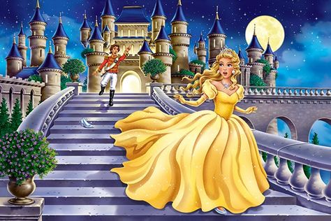 Cinderella running away from the Prince at midnight and left behind her glass slipper Cinderella Running, Victorian Photoshoot, Castle Stairs, Cinderella Fairy Tale, Medieval Fairy, Cartoon Dress, Evil Stepmother, Princess Dance, Royal Ball