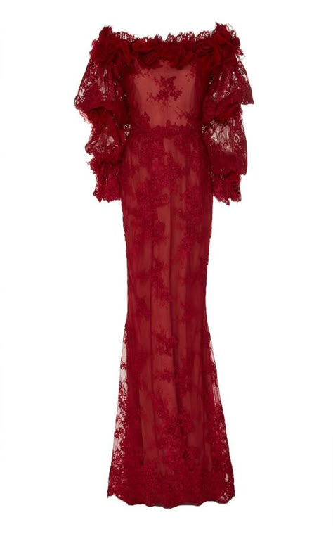 Gown Moda Operandi, Marchesa Fashion, Marchesa Dress, Off Shoulder Gown, Off Shoulder Dresses, Red Lace Dress, Fantasy Dress, Lace Gown, Marchesa