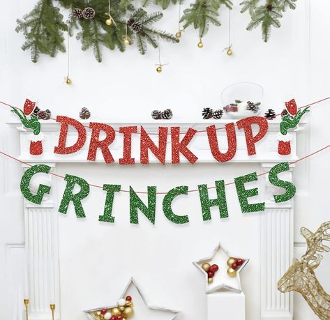 .: Christmas Party Banner Red Green Christmas Tree, Drink Up Grinches, Grinch Decorations, Grinch Christmas Party, Decorated Stockings, Holiday Party Themes, Grinch Party, Grinch Christmas Decorations, Red Green Christmas