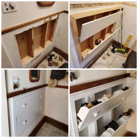 Shoe Storage Organization, Shoe Rack Cabinet Design, Wall Shoe Storage, Split Entry Remodel, Shoe Rack Cabinet, Organization Shelves, Space Saving Shoe Rack, Stairs Renovation, Split Foyer