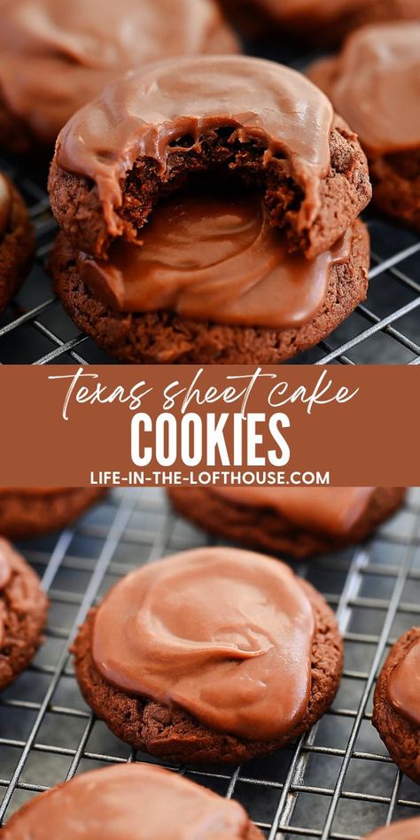 Texas Sheet Cake Cookies Texas Cake Cookies, Chocolate Sheet Cake Cookies, Frosted Chocolate Cookies, Chocolate Cookies With Frosting, Chocolate Cookies With Icing, Texas Sheet Cake Cookies Recipes, Chocolate Frosted Cookies, Easy Unique Cookie Recipes, Chocolate Cookie Icing