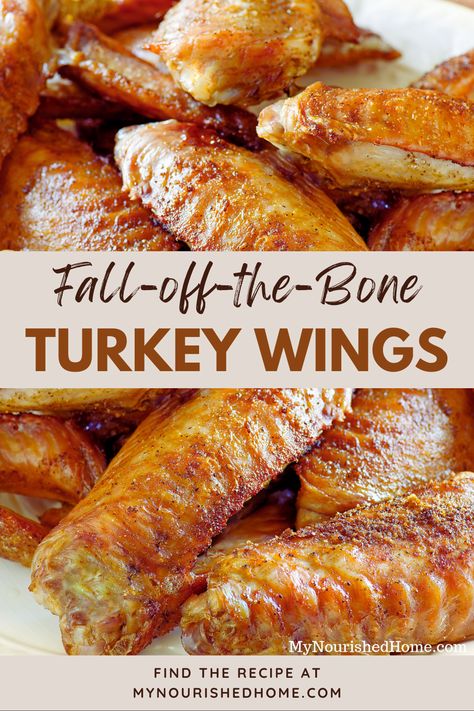 These fall-off-the-bone turkey wings are very easy to bake in the oven. Slow cooking the wings will make the meat more tender. If you have extra time, you can reduce the oven temp to 325 or less and increase your cook time by about 30 minutes. The wings are ready when they reach 165 degrees. Turkey Ribs Recipes Oven Baked, Fall Off The Bone Turkey Wings, Best Baked Turkey Wings Recipe, Brine Turkey Wings, Turkey Wing Brine, Turkey Wings Thanksgiving, Oven Turkey Wings Recipe, Roasted Turkey Wings In Oven, Cooking Turkey Wings In Oven