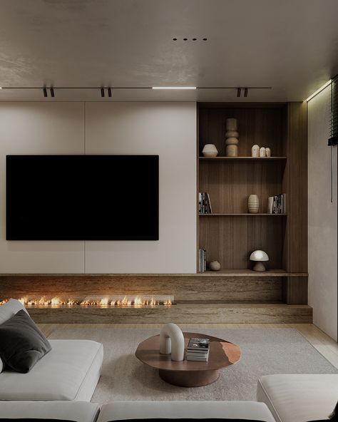 Madinaty – New Cairo | TMG Asymmetric Media Wall, Organic Tv Wall, Tv Zone Interior Design, Simple Tv Wall, Tv Wall Fireplace, Tv Fireplace Wall, Fireplace Modern Design, New Cairo, Tv Area