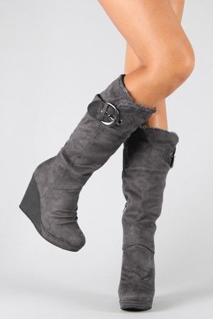 love these boots and this inexpensive shoe shop! Gray Boots, Trendy Knee-high Wedge Boots For Fall, Winter Knee-high Platform Wedge Boots, Wide Calf Knee-high Winter Wedge Boots, Knee-high Suede Wedge Boots For Fall, Gray Knee-high Winter Boots, Knee High Wedge Boots, 00s Mode, High Boots Outfit