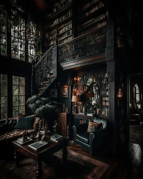 Modern Victorian Interior Design Bedroom, Gothic Style Home Interior Design, Dark Academia Houses, Home Library Aesthetic, Dark Academia House, Academia House, Gothic Library, Goth Houses, Cottagecore House