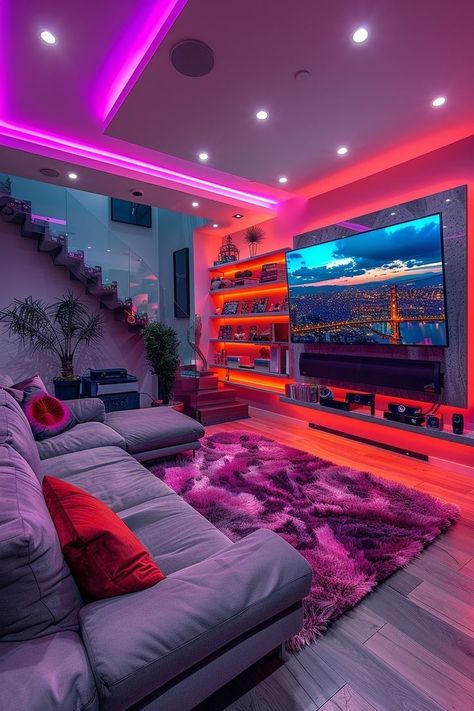 Gaming Basement Man Cave, Cool Rooms In Houses Basements, Gaming Room Setup Basement, Gaming Setup Basement, Gaming House Design, Gaming Lounge Room, Living Room Designs Basement, Gaming Living Room Setup, Cute Game Room Ideas