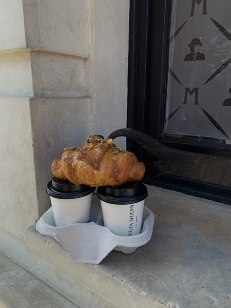 Walk With Coffee Aesthetic, Coffee Croissant Aesthetic, Coffee Walks Aesthetic, Croissant And Coffee Aesthetic, Coffee And Croissants Aesthetic, Croissant Instagram, Croissant Aesthetic, Croissant And Coffee, Coffee Walk