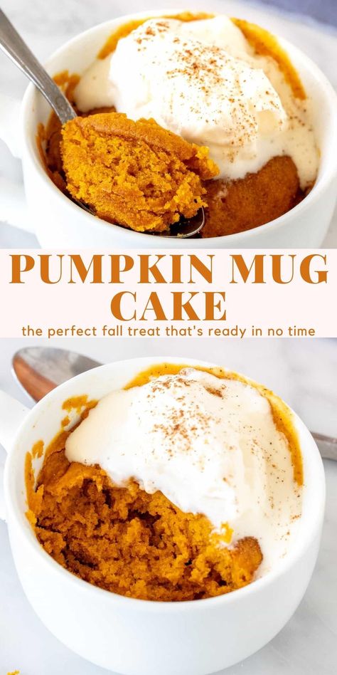 Pumpkin Mug Cake Recipe, Pumpkin Mug Cake, Mug Dessert Recipes, Mug Dessert, Thm Sweets, Microwave Mug Recipes, Mug Desserts, Mug Cake Recipes, Mug Meals