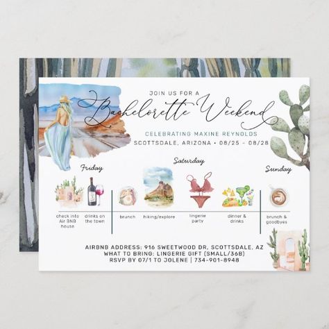 Bachelorette Weekend Itinerary | Desert Cactus Invitation Cactus Invitation, Travel Bridal Showers, Joshua Tree Desert, Wedding Weekend Itinerary, Beach Invitations, Bachelorette Weekend Itinerary, Bridal Brunch Invitations, Weekend Itinerary, Brunch Invitations