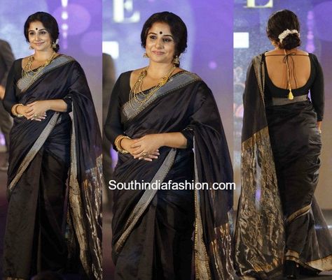 Vidya Balan in a black saree Anushka Setty, Royal Saree, Sonakshi Sinha Saree, Father Of The Bride Outfit, Pink Blouse Designs, Saree Hairstyles, Indian Bridesmaid Dresses, Three Quarter Sleeve Blouses, Wedding Saree Blouse