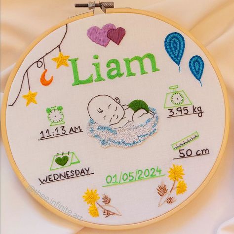 Newborn hoop for another baby Liam 💚🍀🍃 swipe for full photo and more details! 💚🍀🍃 . . [Embroidery, art, flower, baby] #embroidery #art  #embroideryart #modernembroidery #embroideryathome #craft #stitchmunity #theeinfiniteart #hoopartembroidery  #needlepoint #wip #گلدوزی #nakiş #تطريز Diy Crafts For Newborns, Family Embroidery Hoop Ideas, Embroidery For Newborns, Newborn Baby Embroidery Hoop, Baby Hoop Embroidery, Baby Hoop Art, Baby Boy Embroidery Hoop, Baby Embroidery Hoop, Embroidered Ideas