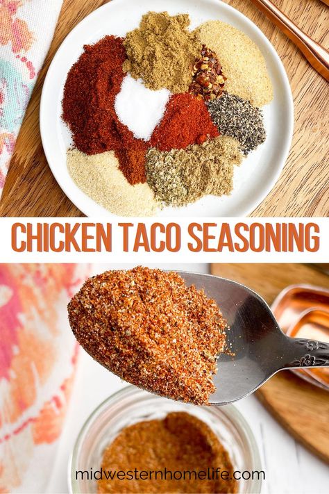 Chicken Taco Seasoning is an easy homemade seasoning blend with magical powers to transform the blandest chicken to full-on fiesta-worthy. Mix up a big batch to spice up your favorite recipes on busy weeknights or taco Tuesday. Chicken Tacos Seasoning, Chicken Taco Seasoning Recipe, Spicy Chicken Taco, Tacos Seasoning, Midwestern Home, Tacos Tuesday, Taco Seasoning Ingredients, Ground Chicken Tacos, Spicy Chicken Tacos