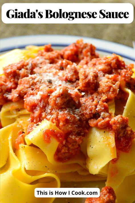 This simple and classic Bolognese pasta sauce from Giada is easy to make and so rewarding. Who doesn't love a big bowl of meat sauce over pasta? #bolognesesaucegiada #bolognesesauceeasy #bolognesesaucemarcellahazan #bolognesesaucerecipe Bolognese Sauce Giada, Giada Bolognese Recipe, Classic Bolognese, Bolognese Sauce Authentic, Best Bolognese Sauce, Homemade Bolognese Sauce, Ragu Bolognese, Bolognese Pasta, Giada De Laurentiis Recipes