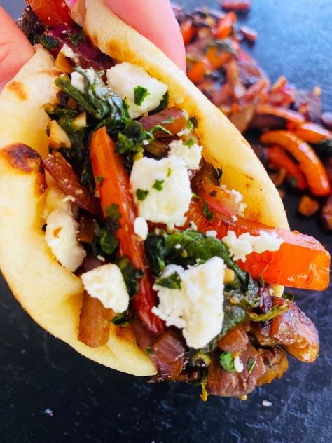 Blackstone Mediterranean Veggie Tacos Blackstone Mediterranean, Mini Naan Bread, Mini Naan, Veggie Tacos, Flat Top Grill, Griddle Recipes, Summer Grilling Recipes, Blackstone Griddle, Vegetarian Recipe