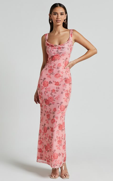 Nadine Maxi Dress - Cowl Neck Low Back Mesh Slip Dress in Pink Floral Pink Floral Formal Dress, Libra Rising Outfits, Peach Color Bridesmaid Dresses, Pink Elegant Dress, Spring Formal Dress, Bridal Shower Outfit For Guest, Funky Formal, Floral Corset Dress, Pink Floral Dresses