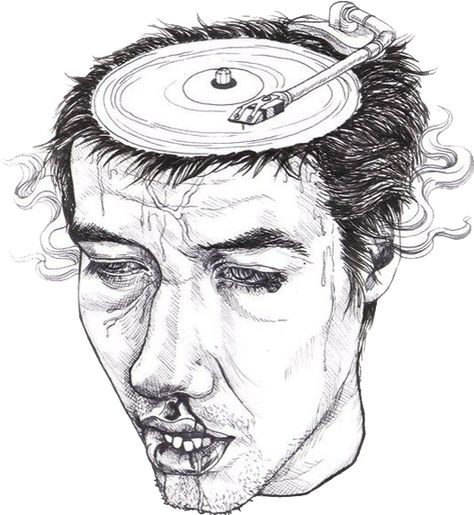 How Music Feels Art, Head Exploding Art Thoughts, Music Feelings Art, All In Your Head Art, Voices In Your Head Art, Severed Head Drawing, Surrealism Drawing Dark, Music Drawings Ideas, Head Sketch Reference