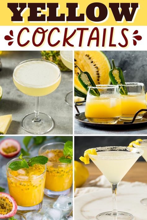 Yellow Cocktails Yellow Cocktails, Yellow Drinks, Golden Margarita, Layered Cocktails, Best Margarita Recipe, Pineapple Cocktail, Peach Syrup, Lemon Drop Martini, Cocktails And Mocktails