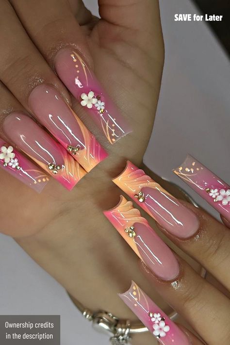 Acrylic Nails Summer Flowers, Long Acrylic Nail Designs Summer, Long Nails Flower Design, Dramatic Summer Nails, Summer Nails Long Acrylic, Boujee Summer Nails, Nail Inspo Summer Design, Summer Xl Nails, Long Summer Nails Designs