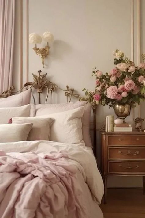 Elevate your space with romantic farmhouse ideas for a Valentine's Day bedroom. Explore the warmth of French country charm and cozy rustic elements. From farmhouse-inspired colors to romantic decor, transform your bedroom into a romantic haven that celebrates love. Golden Bed, Antique Bookshelf, Wooden Cupboard, Victorian Bedroom, Feminine Bedroom, Pink Sheets, French Bedroom, Vintage Bedroom, Pink Bedroom