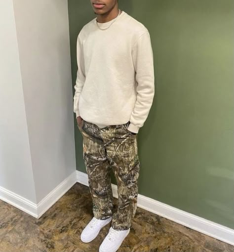 Mens Clean Fashion Aesthetic, Causal Fits Men, Hunting Pants Outfit Men, Camo Pants Outfit Men’s, Men’s Cream Cargos Outfit, Mens 2024 Fall Fashion, Camo Pants Men Outfit, Fits With Camo Pants, Men In Cargo Pants