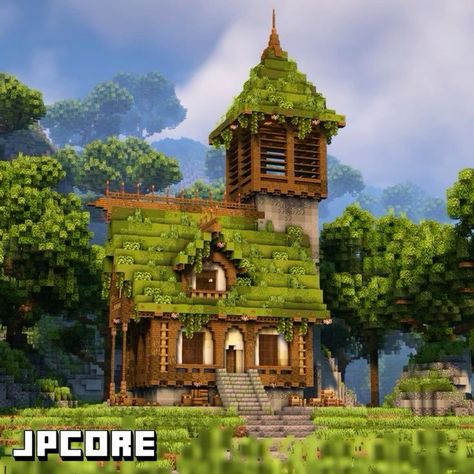 Overgrown Library Minecraft, Jungle Homes Minecraft, Cool House Ideas Minecraft, Minecraft Grass Roof, Minecraft House Moss Roof, Minecraft Houses Green, Minecraft Jungle House Easy, World Spawn Ideas Minecraft, Elven Minecraft House