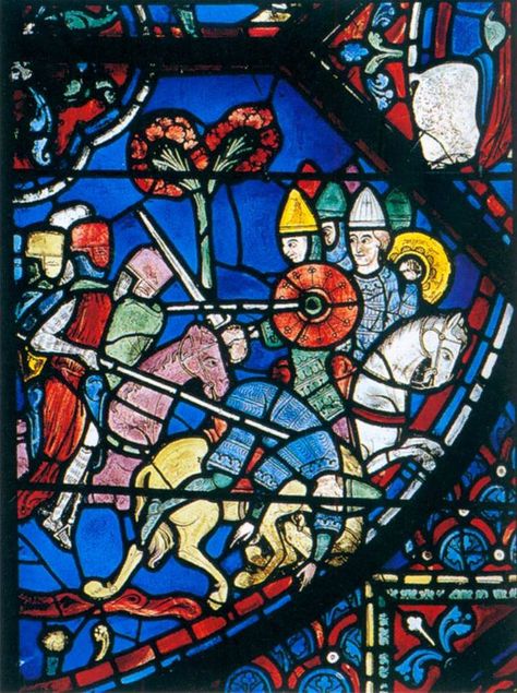 Charlemagne's Battle: Stained glass circa 1220 Chartres Cathedral Gothic Stained Glass Windows, Aachen Cathedral, Chartres Cathedral, Knight In Shining Armor, Stained Glass Designs, Stained Glass Windows, Glass Design, Abstract Landscape, City Photo