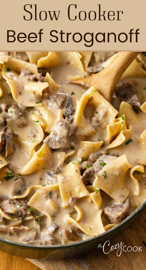 Beef Stroganoff in a pot with a wooden spoon Slow Cooker Beef Stroganoff, Slow Cooker Recipes Beef, Easy Crockpot Dinners, Beef Casserole Recipes, Crockpot Recipes Beef, Crockpot Dishes, Beef Recipes Easy, Beef Stroganoff, Crockpot Recipes Slow Cooker