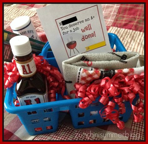 Teacher appreciation gift for MALE teachers. BBQ / Grill themed.    "You deserve an A+ for a job WELL DONE!" Male Teachers, Male Teacher Gifts, Teacher Treats, Job Well Done, Appreciation Ideas, Male Teacher, Teachers Diy, Teachers Aide, Grilling Gifts