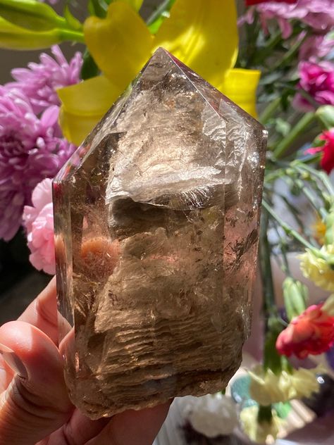 "This crystal is a Garden Quartz ( Lodolite) specimen on smoky Quartz. This specific garden Quartz specimen is also called \"thousand layers\" for its natural inclusions forming circular layers. The is an extraordinary quartz with excellent clarity and a luxurious finish. The Quartz also has some traces of rainbow. Measurements: Weight: 13 ounces Size: 4 inches from tip to base Width: 1.6 inches This is not a self standing crystal. The bottom is a natural rough finished. ⚠️ Before Purchasing Rea Layer Garden, Crown Chakra Healing, Quartz Crown, Crystal Spiritual, Organic Structure, Garden Quartz, Chakra Healing Crystals, Natural Patterns, Circular Pattern