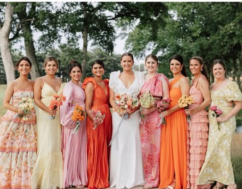 Bright Sunset Wedding Colors, Sunset Bridal Party, Pastel Sunset Bridesmaid Dresses, Orange And Yellow Bridesmaid Dresses, Mexico Wedding Bridesmaids Dresses, Colorful Bridesmaids Dresses, Sunset Bridesmaid Dresses Color Schemes, Pink And Yellow Bridesmaid Dresses, June Bridesmaid Dresses