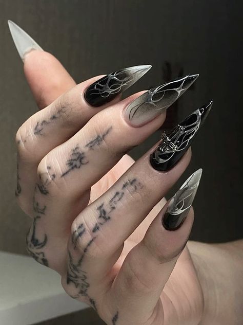 Goth Marble Nails, Corporate Goth Nails, Edgy Nails Black, Goth Manicure, Black Nails Stiletto, Stiletto Nails Black, Unusual Nails, Dark Nail Art, Paznokcie Hello Kitty