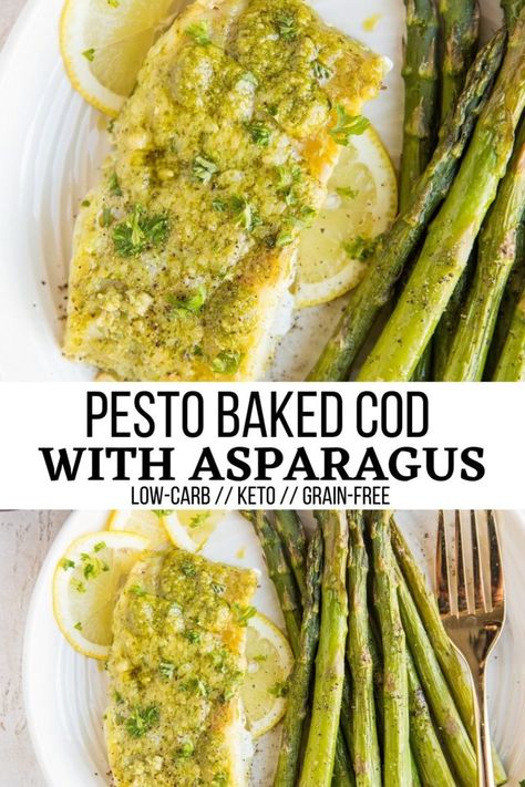 Pesto Fish Recipes, Cod And Asparagus, Pesto Fish, Cod Fish Recipes Baked, Cod Recipes Healthy, Asparagus Recipes Oven, Baked Cod Recipes, Cod Fish Recipes, Fish Recipes Baked