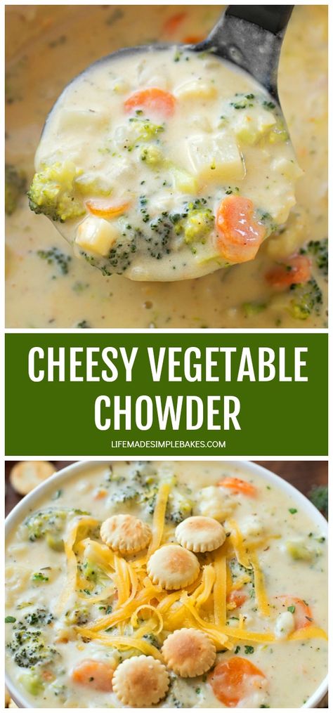 This Cheesy Vegetable Chowder is thick, cheesy and loaded with all kinds of veggies. Even without meat, it's hearty and plenty filling! #cheesyvegetablesoup #vegetablesoup #vegetables #homemadesoup #soup Vegetable Chowder, Cheesy Soup, Cheesy Vegetable, Life Made Simple, Soup Vegetable, Chowder Recipe, Easy Budget, Awesome Recipes, Budget Recipes