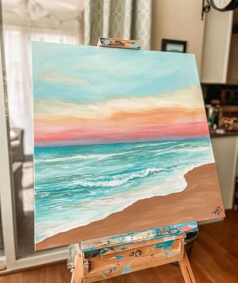 Beach Aesthetic Canvas Painting, Ocean View Painting, Sunset And Ocean Painting, Summer Beach Painting, Cute Beach Paintings, Beach Paintings On Canvas Acrylics, Painting Ideas On Canvas Sea, Ocean Aesthetic Painting, Easy Pretty Paintings