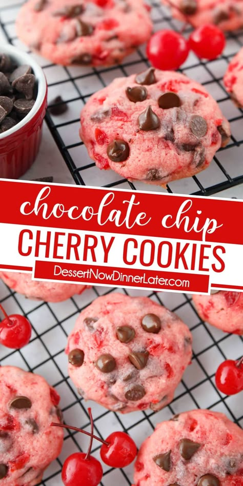 These pink cherry chocolate chip cookies are loaded with maraschino cherries and chocolate. A fun flavor for a Christmas cookie exchange, Valentine's Day, or any day! Cherry Cookies Recipes, Chocolate Cherry Cookies, Valentines Gift Idea, Cherry Cookies, Rolled Sugar Cookies, Valentine Diy, Cherry Recipes, Chocolate Cherry, Copycat Recipe