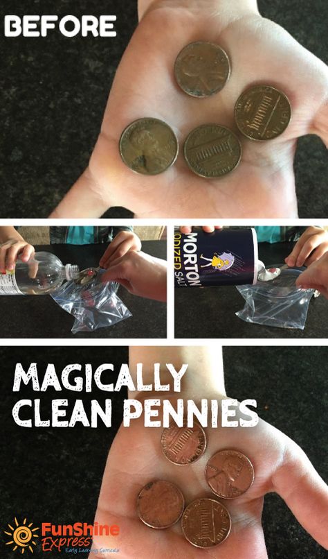 “Find a penny, pick it up. All day long you’ll have good luck!” Invite children to help you make a magic solution to turn tarnished pennies shiny again! How To Clean Pennies Diy, Penny Crafts Diy Ideas, Clean Pennies, Pennies Crafts, Cleaning Pennies, Cleaning Coins, Penny Craft, How To Clean Coins, How To Clean Pennies