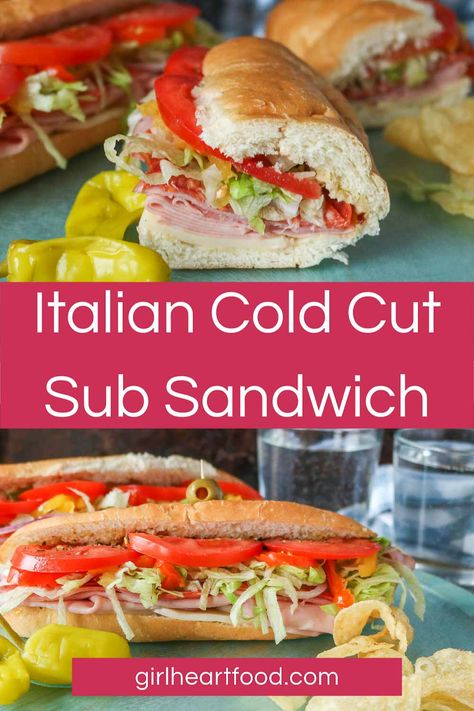 Looking for an easy lunch idea? How about homemade subs? These Italian cold cut sub sandwiches come together in minutes and are so delicious! They're loaded with yummy ingredients like mortadella, capocolla, salami, veggies and hot peppers. Enjoy as is or with your favourite side for one satisfying, hearty meal. #sandwichidea #subsandwich #homemadesubs #italiancoldcutsub #italiancoldcutsandwich #easysubrecipe Homemade Subs, Sub Sandwich Ideas, Picnic Meals, Cold Cut Sandwich, Hoagie Sandwiches, Cold Sandwich Recipes, Husband Lunch, Sub Sandwich, Sandwich Lunch