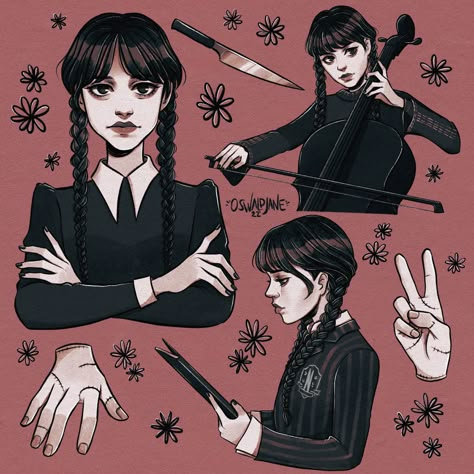 Fanart of Wednesday Addams Netflix series 2022 by oswaldjane Digital ink drawing illustration of Wednesday Illustrator Character, Digital Ink, Character Designer, The Addams Family, Arte Sketchbook, November 30, Cartoon Drawing, Ink Illustrations, Addams Family