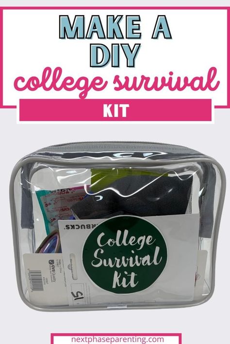 College Survival Kit - Next Phase Parenting College Survival Kit Gift, Freshmen Year Survival Kit, Graduation Survival Kit, College Gift Baskets, Student Survival Kits, Survival Kit Items, College Gift Ideas, Diy Care Package, College Survival Kit