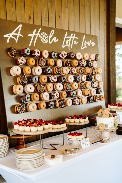 Donut Board For Wedding, Donut Board Wedding Display, Ideas For A Dessert Table, Wedding Doughnuts Display, Donut For Wedding, Fall Wedding Donut Bar, Donut Wall For Wedding, Donut At Wedding, Donut Peg Board Wedding