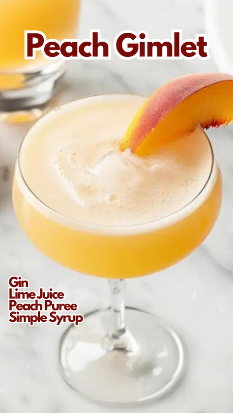 Peach Gimlet Peach Puree For Drinks, Peach Gin Cocktail, Orange Gin Fizz, Summer Gin Cocktails, Peach Mojito, Peach Cocktail Recipe, Making Gin, Cherry Bakewell Tart, Easy Gin Cocktails