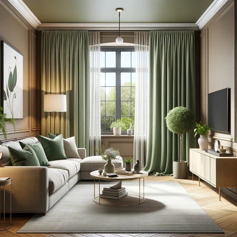 17 Stunning Curtain Colors for the Perfect Taupe Wall Pairing Olive And Beige Living Room, Green Curtains Living Room Ideas, Green And Beige Living Room, Green Curtains Living Room, Curtains Inspiration, Beige Sofa Living Room, Olive Green Curtains, Sage Living Room, Sage Green Curtains