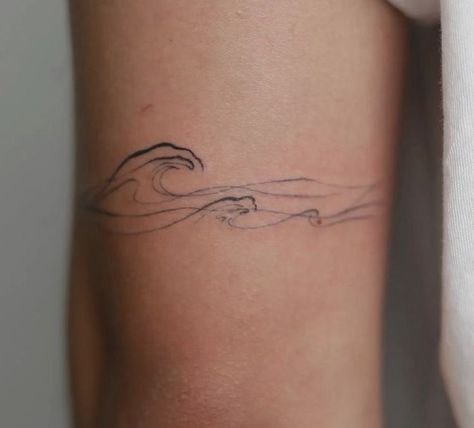 Sea Tattoos Minimalist, Feminine Arm Wrap Tattoo, Make Waves Tattoo, Minimal Waves Tattoo, Landscape Tattoo Minimalist, Waves Of Life Tattoo, Wrap Around Wave Tattoo, Abstract Sea Tattoo, Ocean Tattoos Black And White