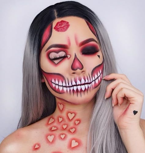 Skull Art Makeup, Scary Valentines Day Makeup, Valentines Inspired Makeup, Holloween Makeup, Cute Halloween Makeup, Halloween Makeup Pretty, Cool Halloween Makeup, Halloween Eye Makeup, Face Paint Makeup