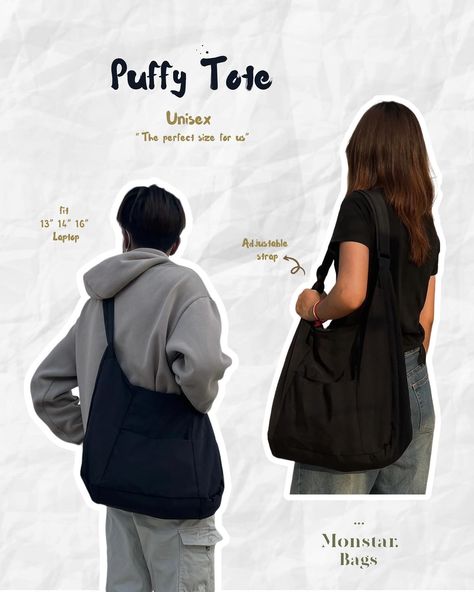 ⋆.˚ Puffy tote • comfy and spacious for daily use ⋆.˚ ▸ Can fit from 13” 14” 16” laptop ▸ price: $10.90 📸 by us 🛍️ DM us to order! 🚫 Order cannot cancel! #monstar_bags #totebag #totebagaesthetic #bag Acubi Outfit, Back Aesthetic, Puffy Bag, Bag For College, Tote Bag Outfit, Uni Bag, Bags For School, Laptop Price, Hair Style Korea