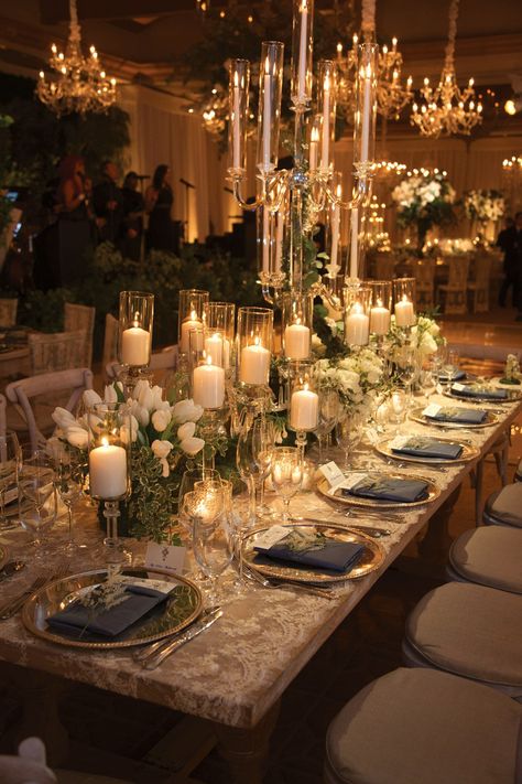 Candelabra and pillar candles on crystal stands filled the table along with tulips. Wedding Ideas Gold Elegant, Wedding By Candlelight, Wedding At Garden, Elegant Gold Wedding Decor, Southern Wedding Tablescape, Dream Wedding Inspiration, Evening Wedding Theme, Weddings In September, Southern Romantic Wedding