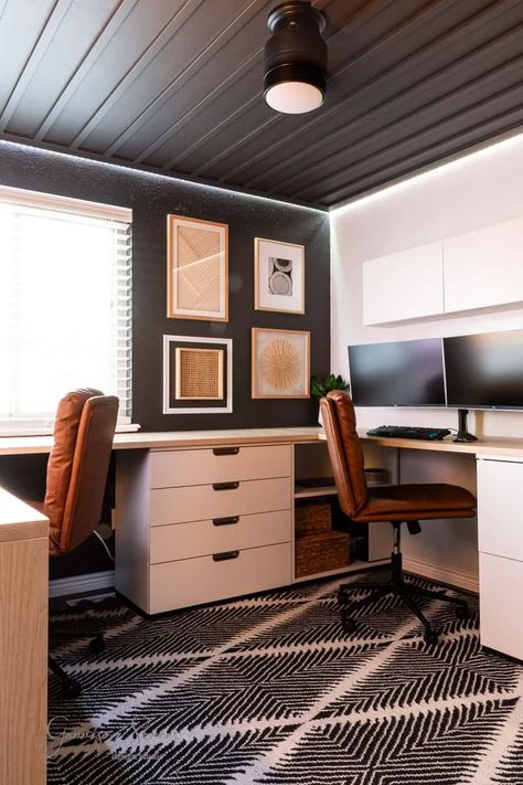 DIY Small Home Office for Two an IKEA Desk Hack | ©GarrisonStreetDesignStudio | DIY | Desk | Small Home Office | For Two | IKEA Desk Hack | IKEA Galant | IKEA Office | Dual Home Office | Small | 10x10 | U Shaped | Two Person Desk | With Storage | His & Hers | Black and White | Wood | Double Office Ideas Layout | Dual Office Ideas Home | Double Home Office | Double Work Station| Home Office | Setup | Office for Two People | Setup | Floor Plan | Design | IKEA Desk DIY | IKEA Office Hack Office Nook For Two, Office Ideas Double Monitor, Two Workstation Home Office, Small Double Home Office, 2 People Office Space, L Shaped Double Desk, 2 Person Home Office Desks, Architects Home Office, Home Office With Multiple Desks