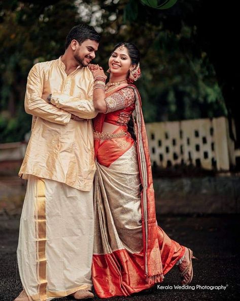 Here are Some BEST Couple Photography Ideas & Poses for South Indian Couples that you MUST need to capture for your wedding functions. #shaadisaga #indianwedding #coupleweddingphotography #coupleweddingphotographyindian #coupleweddingphotographyposes #coupleweddingphotographyforeheadkisspicture #coupleweddingphotographyromantic #coupleweddingphotographyphotoposes #southindianweddingphotography #southindiancouplephotoshoot #southindiancouplephotoshoottraditional #southindiancouplephotoshootposes Marriage Couple Stills, Maharashtrian Wedding Couple Poses, Temple Couple Poses, South Indian Wedding Poses, Sari Couple, South Indian Couple Photoshoot, Indian Couple Poses, Couple Poses Indian, Couple Stills